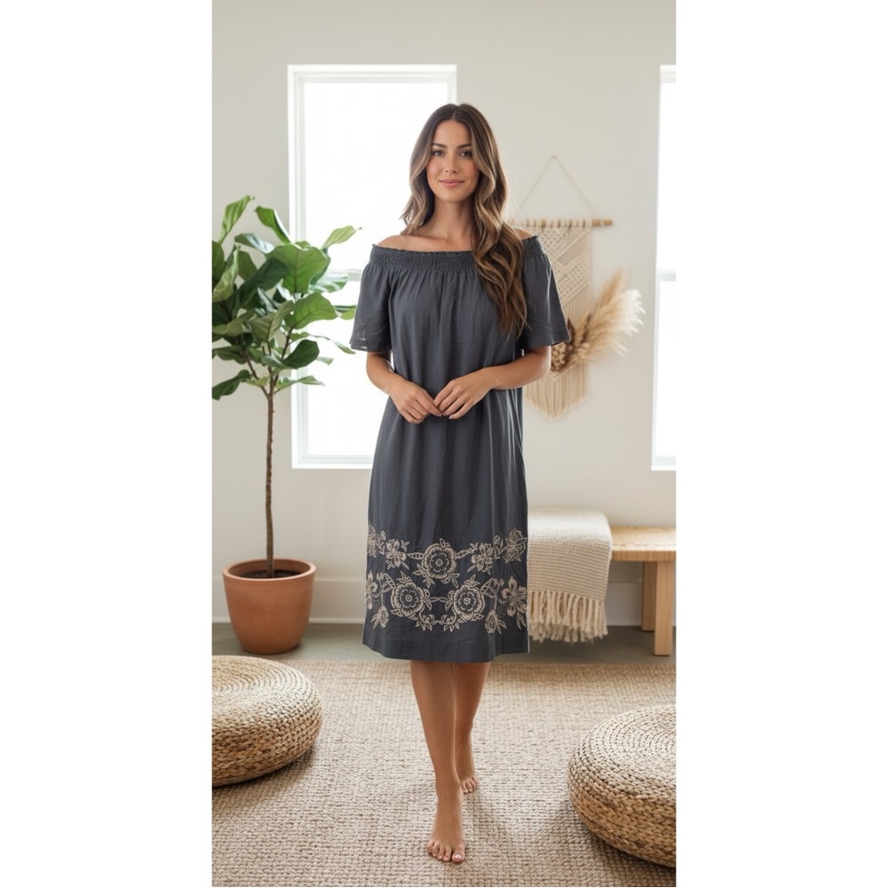 Talbots Women's Navy Off-Shoulder Dress with Floral Embroidery - Picture 3 of 6